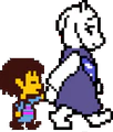 Toriel menant Frisk à travers une dangereuse énigme dans les Ruines.